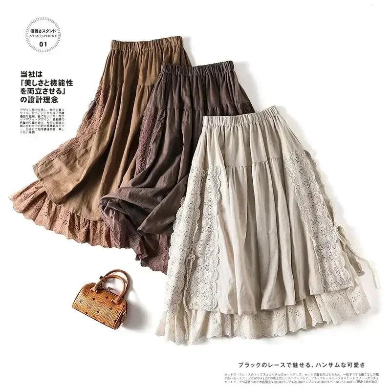 Vintage chic embroidery linen cotton long skirts women summer elastic high waist pleated maxi skirt female elegant