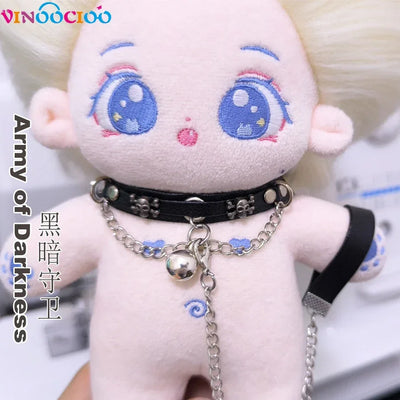 20cm Cotton Doll Choker Skull Necklace with Chains Bell Leather Leadrope Handmade Cotton Doll Accessories