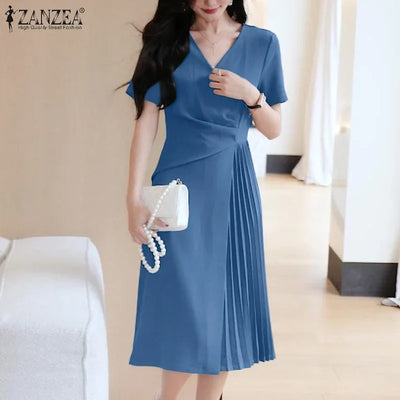 Summer Women Elegant OL Work Sundress V Nek Party Dress 2024 ZANZEA Fashion Short Sleeve Robe Femme Solid Pleated Midi Vestidos