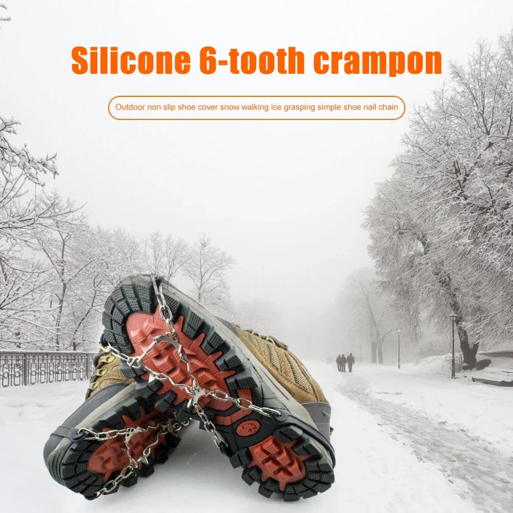 1Pair Anti Slip Ice Gripper Climbing Crampons 6 Teeth Steel Ice Grips Snow Walking Shoes Spikes Cleats Chain Claws Boots Cover