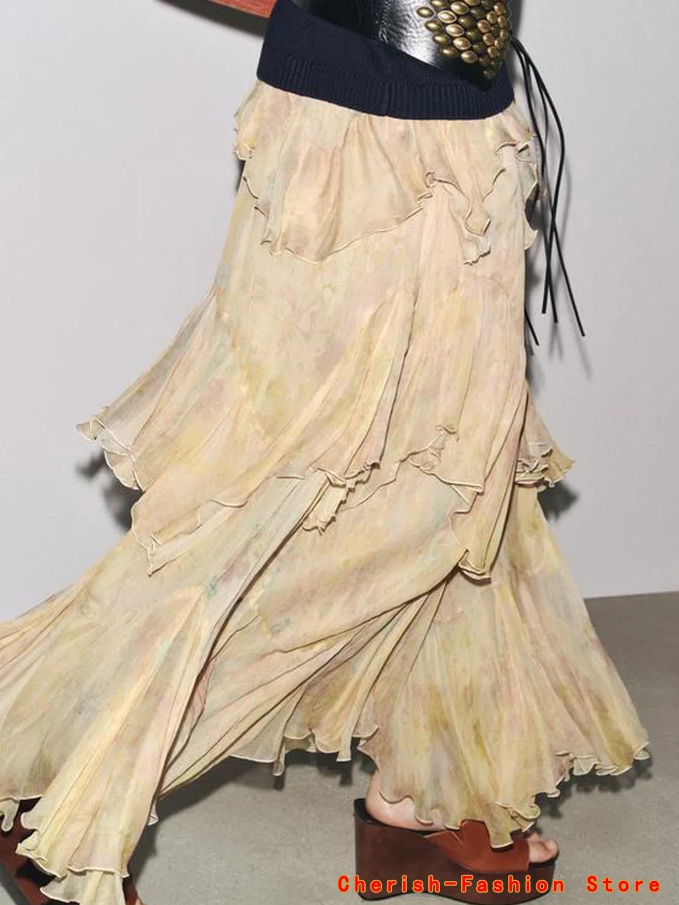 French Style Floral Lace A- Line Skirt Spring Autumn Women's New Style Ruffled Skirt Printed Half-length Skirt Polyester Fibe