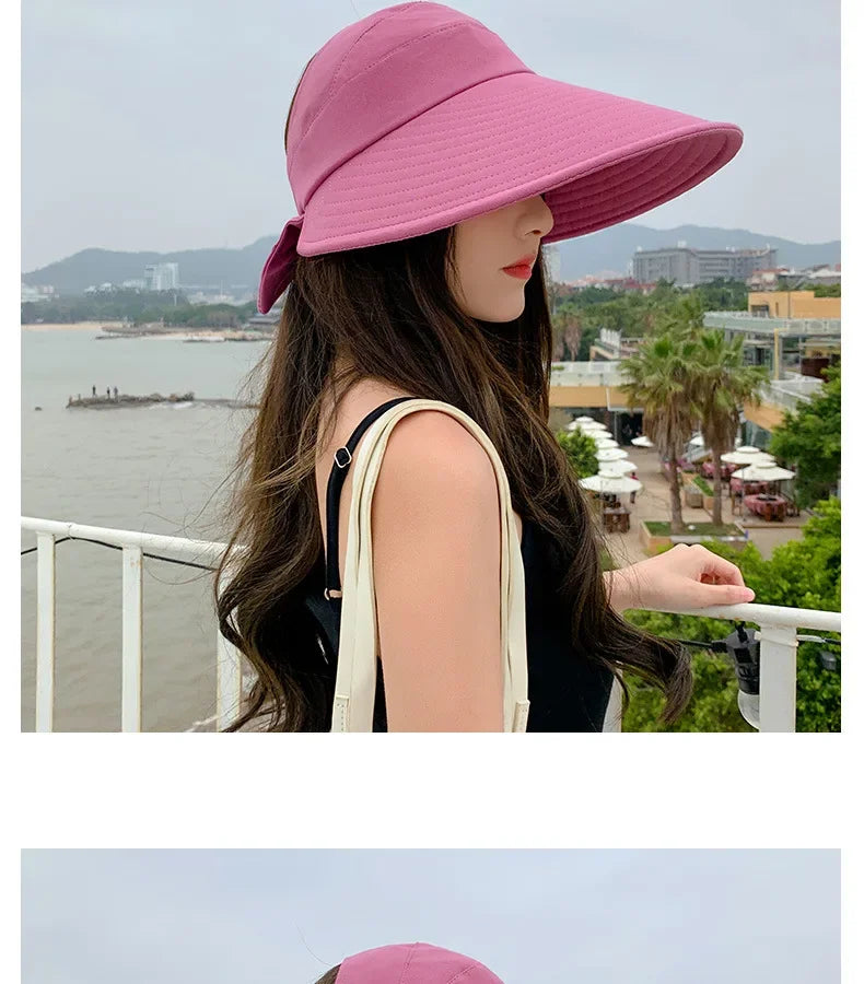 COKK Summer Hat Women Empty Top Foldable Sunhat Sunscreen Hats For Women Solid Color With Bow Ladies Hats Beach Cap Sun Hat