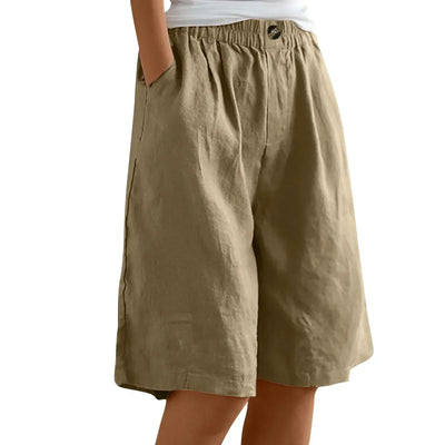 Women's Fashion Solid Color Cotton Linen Shorts - Loose Elastic Waist Capris with Pocket and Button Up Design
