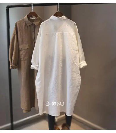 Cotton Linen Women Medium-Length White Polo Shirt