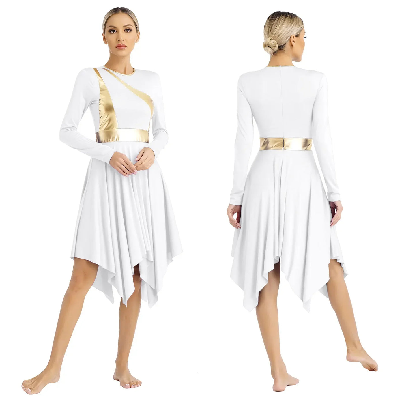 Women Church Choir Worship Liturgical Dress Modern Lyrical Dance Waltz Stage Performance Costume Long Sleeve Metallic Shiny Gown