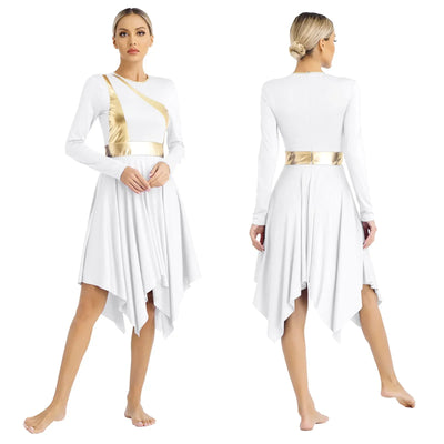 Women Church Choir Worship Liturgical Dress Modern Lyrical Dance Waltz Stage Performance Costume Long Sleeve Metallic Shiny Gown