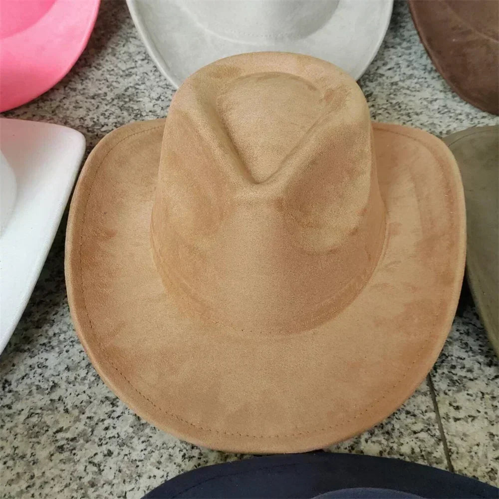 Classic suede leather 7.5cm western cowboy women’s fedora hat men’s church jazz fashion travel party denim 2024