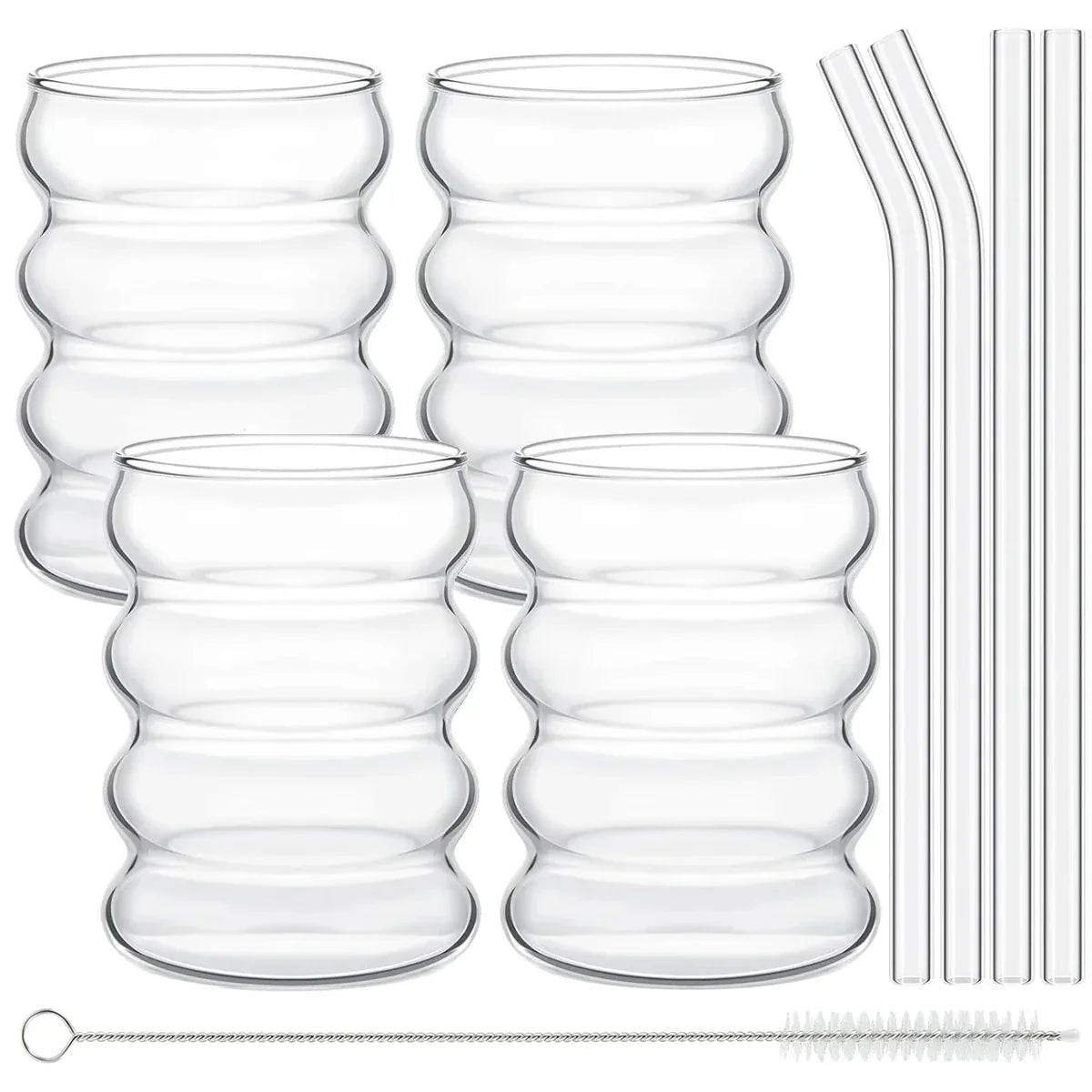 Leeseph 4Pcs Creative Glass Cups Coffee Mug Vintage Drinking Glasses Ribbed Glassware Aesthetic Cups with Straws Set