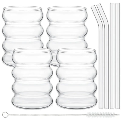 Leeseph 4Pcs Creative Glass Cups Coffee Mug Vintage Drinking Glasses Ribbed Glassware Aesthetic Cups with Straws Set