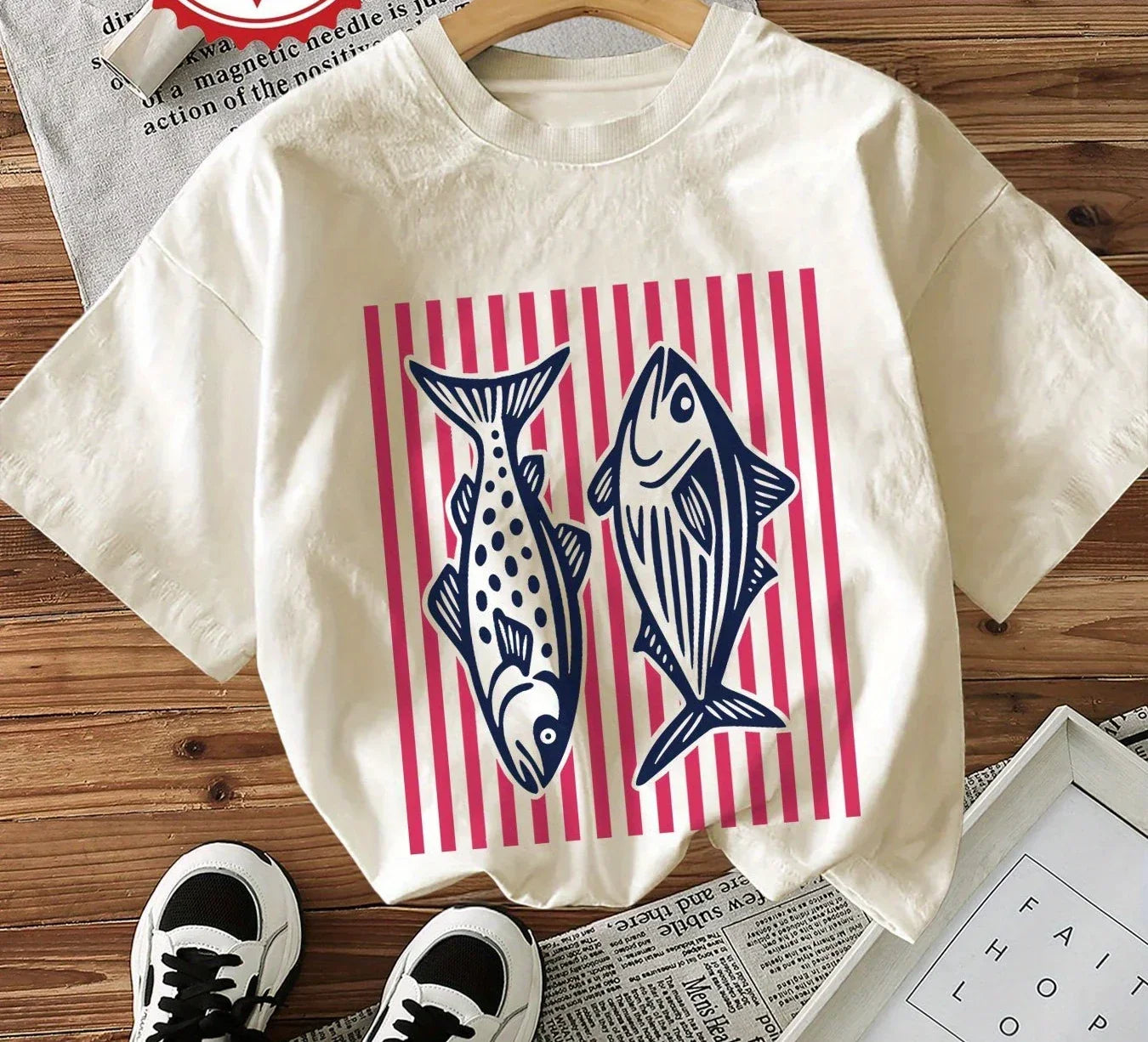 Women'S Casual T-Shirt with OceanInspired Fish and Stripes Print