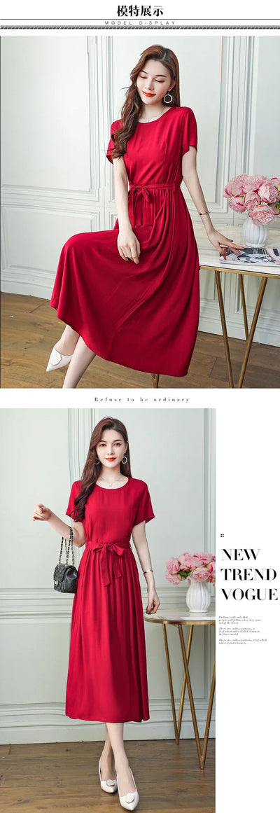 New Fashion Summer Dresses For Women 2025 Elegant Casual Short Sleeve Midi Dress Soild Colour Women Clothing