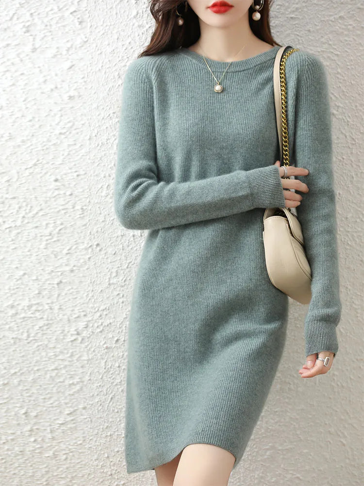 Knit Dresses for Women's Fashion Sweater 100% Merino Wool Winter Ladies O-Neck Warm Knitted Dress Fall Female Casual Black Skirt