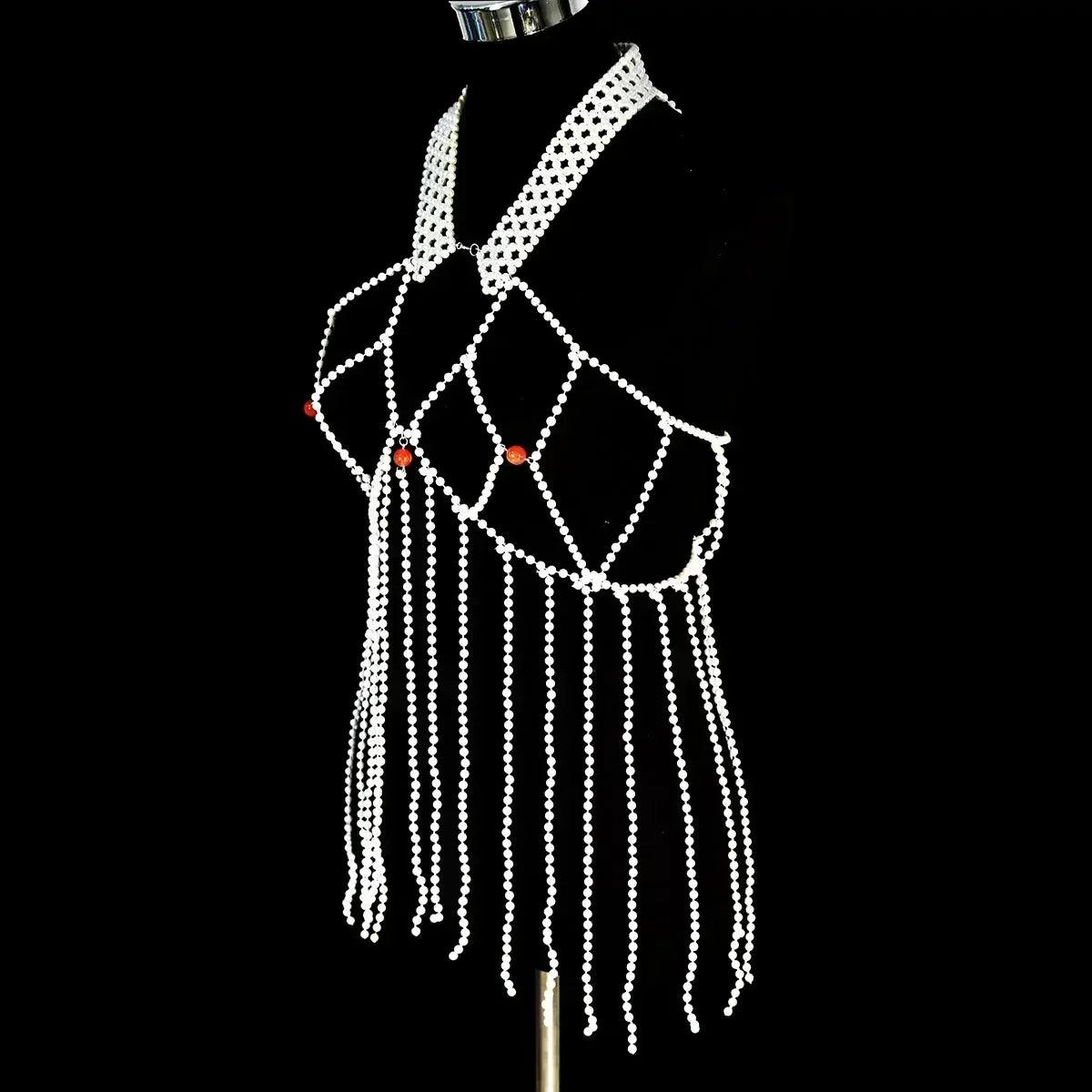 Luxurious a long fringed dress fashion faux pearl women’s body jewelry stage performance outdoor beach party accessories