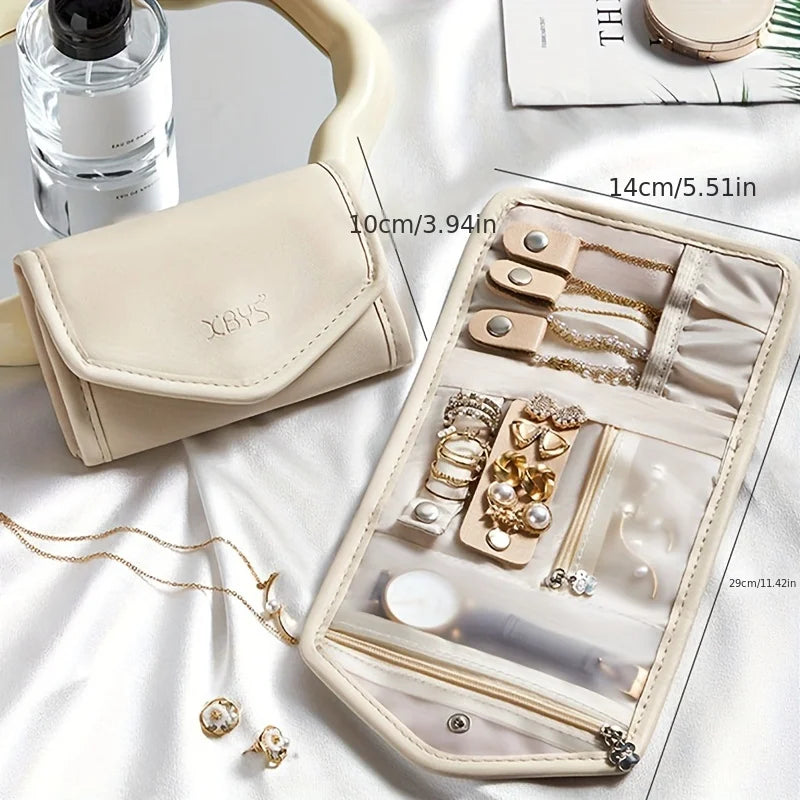 Travel Jewelry Organizer Bag, PU Material Necklace Earring Ring Storage Pouch with Watch Compartment, Portable Zippered