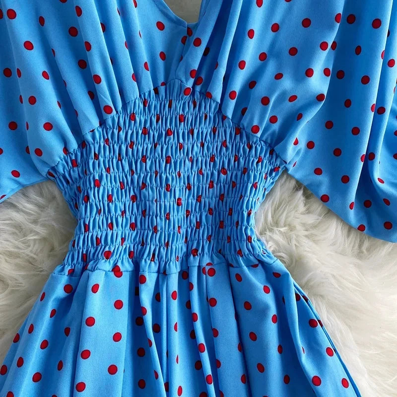 V Neck Sexy Dolman Sleeves Waist Slim Polka Dot Print Jumpsuit Women Wide Leg Trousers Jumpsuit