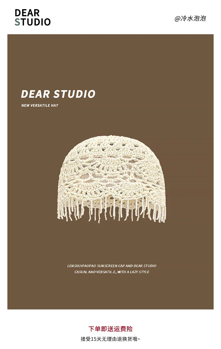 Personalized Beaded Fringed Knitted Beanies for Women Summer Autumn Thin Hollow Versatile Casual Retro Ethnic Style Pullover Hat