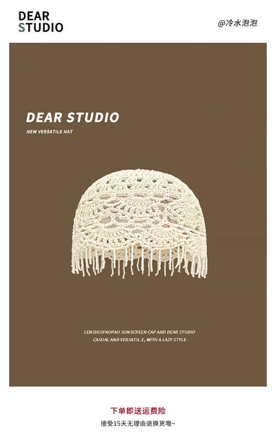 Personalized Beaded Fringed Knitted Beanies for Women Summer Autumn Thin Hollow Versatile Casual Retro Ethnic Style Pullover Hat