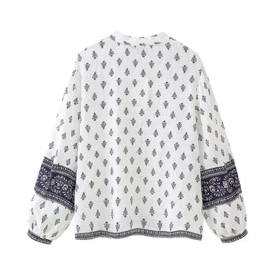 Women's Puffy Sleeve Linen Printed Top