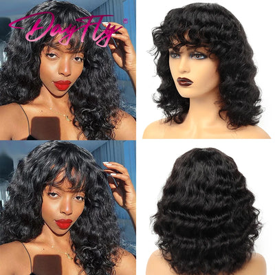 Short Curly Human Hair Wig Brazilian Hair Deep Wave Wig With Bangs Natural Human Hair Machine Made Wig For Women