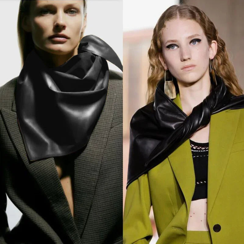 Designer woman Triangle Scarf Black Bandana men Unisex Faux leather kerchief eco-leather headscarf headdress Shawl Wrap
