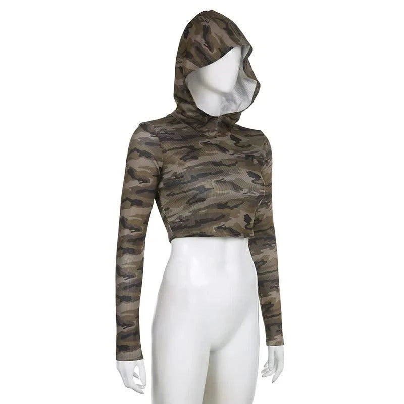 American Camo Streetwear Tops Women Back Hollow Out