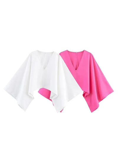 Women's asymmetrical V-neck design linen top