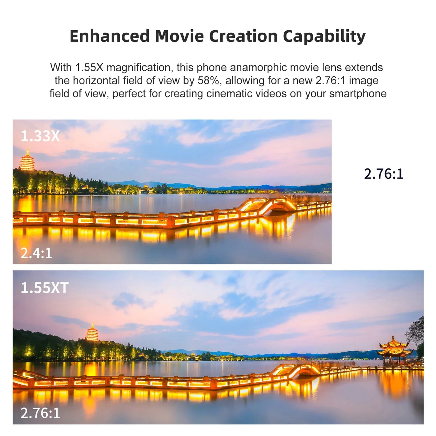 Mobile Phone Anamorphic Movie Lens 1.55X Deformation Filmmaking Lens Phone Moive Lens with Universal Lens Clips Carry Bag Replac