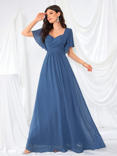 UNITHORSE Women's V-Neck Gathered Lace Trim Sleeve Chiffon Maid of Honor Dress