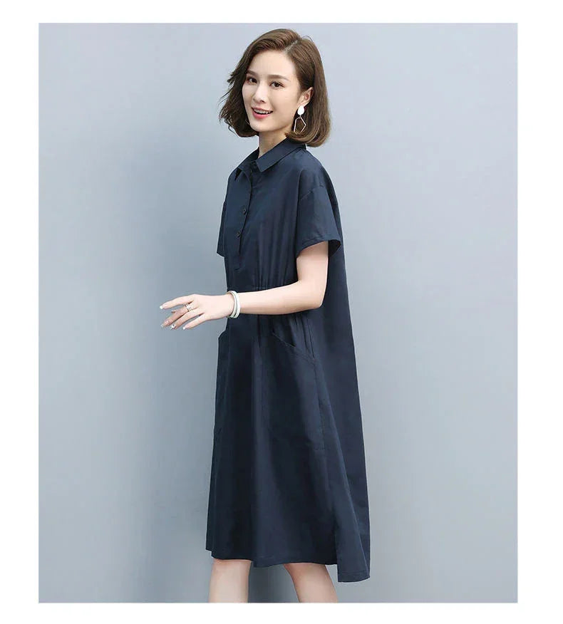 Summer Vintage Dresses for Women 2024 New Casual Loose Cotton Polo Collar Short Sleeve Office Lady Pleated Dresses Vestidos