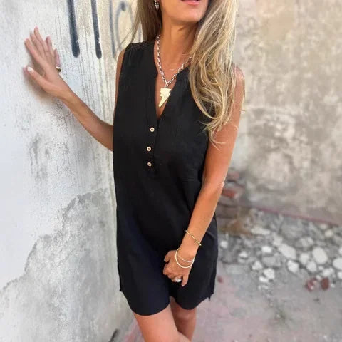 2025 Fashion Casual Cotton Linen Dresses For Women Summer Sleeveless Button Pocket Deep V Neck Party Mini Female Dresses Blue