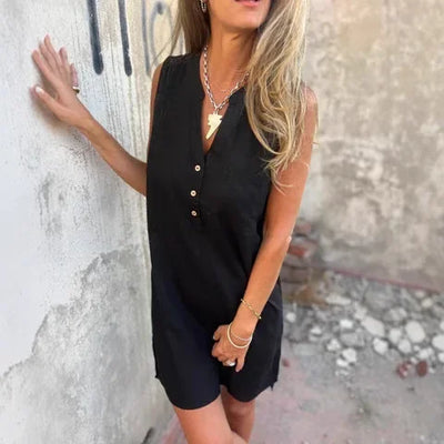 2025 Fashion Casual Cotton Linen Dresses For Women Summer Sleeveless Button Pocket Deep V Neck Party Mini Female Dresses Blue