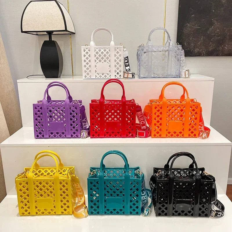 Designer Tote Bag For Women Brand Hollow Out Shoulder Bag 2025 New Travel Beach Handbag Purple Bag Fashion Shopper Purse