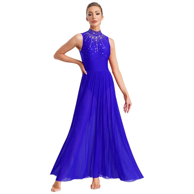 Women Lyrical Contemporary Ballroom Modern Dance Costume Dancing Prom Gown Side Split Maxi Dress for Ballet Gymnastics Skating