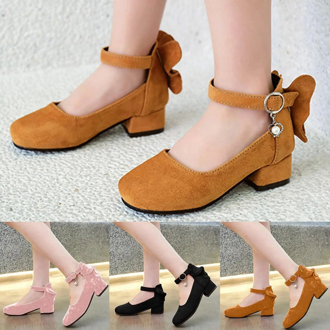 Kids Velvet Black Pink Leather High Heeled Shoes 3-15T | Princess Sandals for Girls | For Party, Wedding, Dance | Children's Fashion