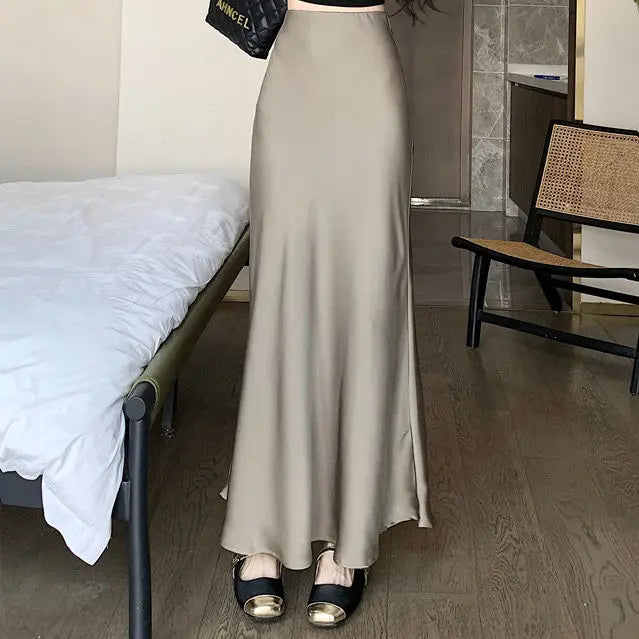 Elegant Satin Long Skirts Women Korean Fashion Clothes Elastic High Waist Black Skirt 2025 Streetwear Summer A Line Midi Skirt