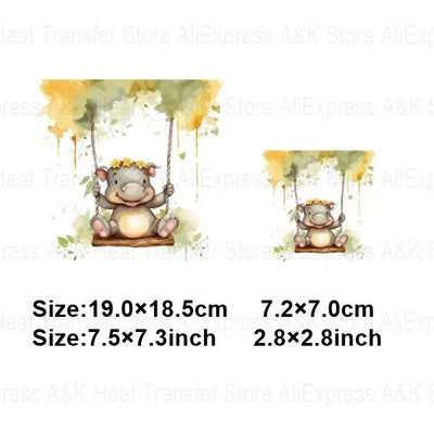 Baby Animal On Swings Heat Transfers For Kids Clothing Elephant Tigers Lion Stickers On Clothes Diy Thermal Patches Decals