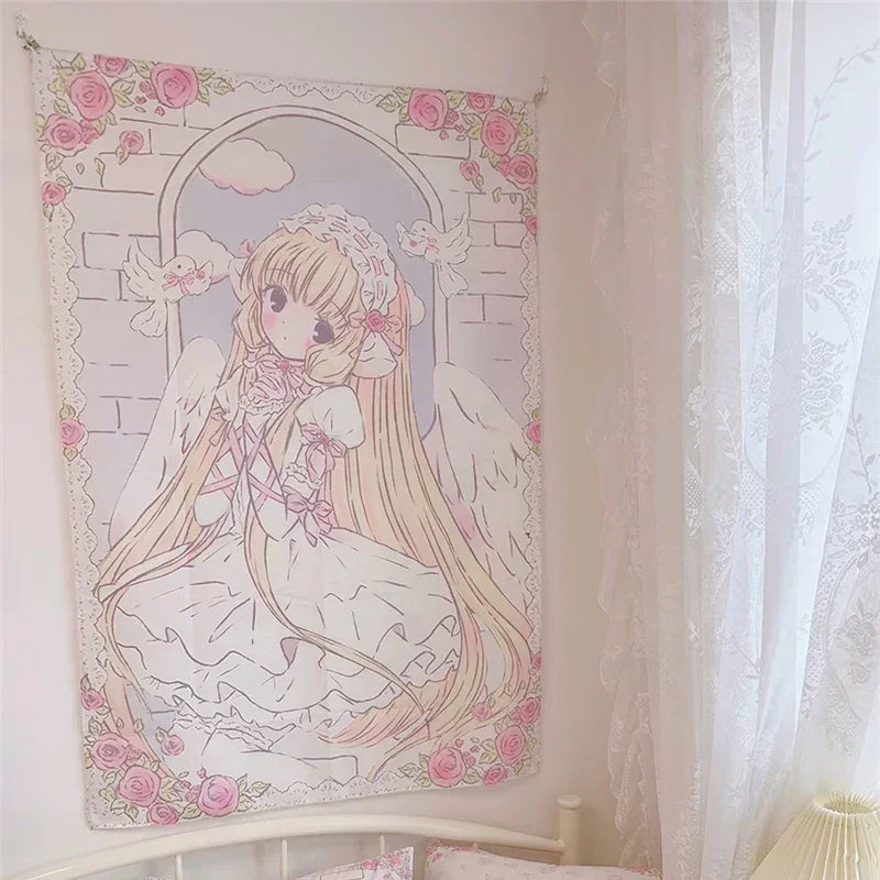 Cute Anime Girl Tapestry Background Cloth Home Decor Kawaii Girl's Room Decorating Items Cartoon Wall Hanging Pink Tapestry