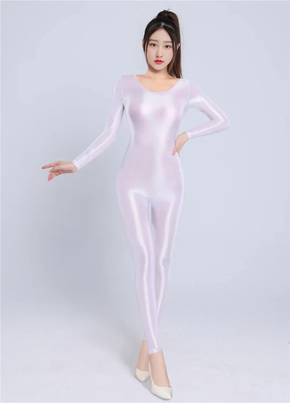 Women's Sexy Yoga Shaper Jumpsuit Dance SM Wear Oil Glossy High Elastic Long Sleeves Bodysuit Sheer Slip Satin Slimming Tights