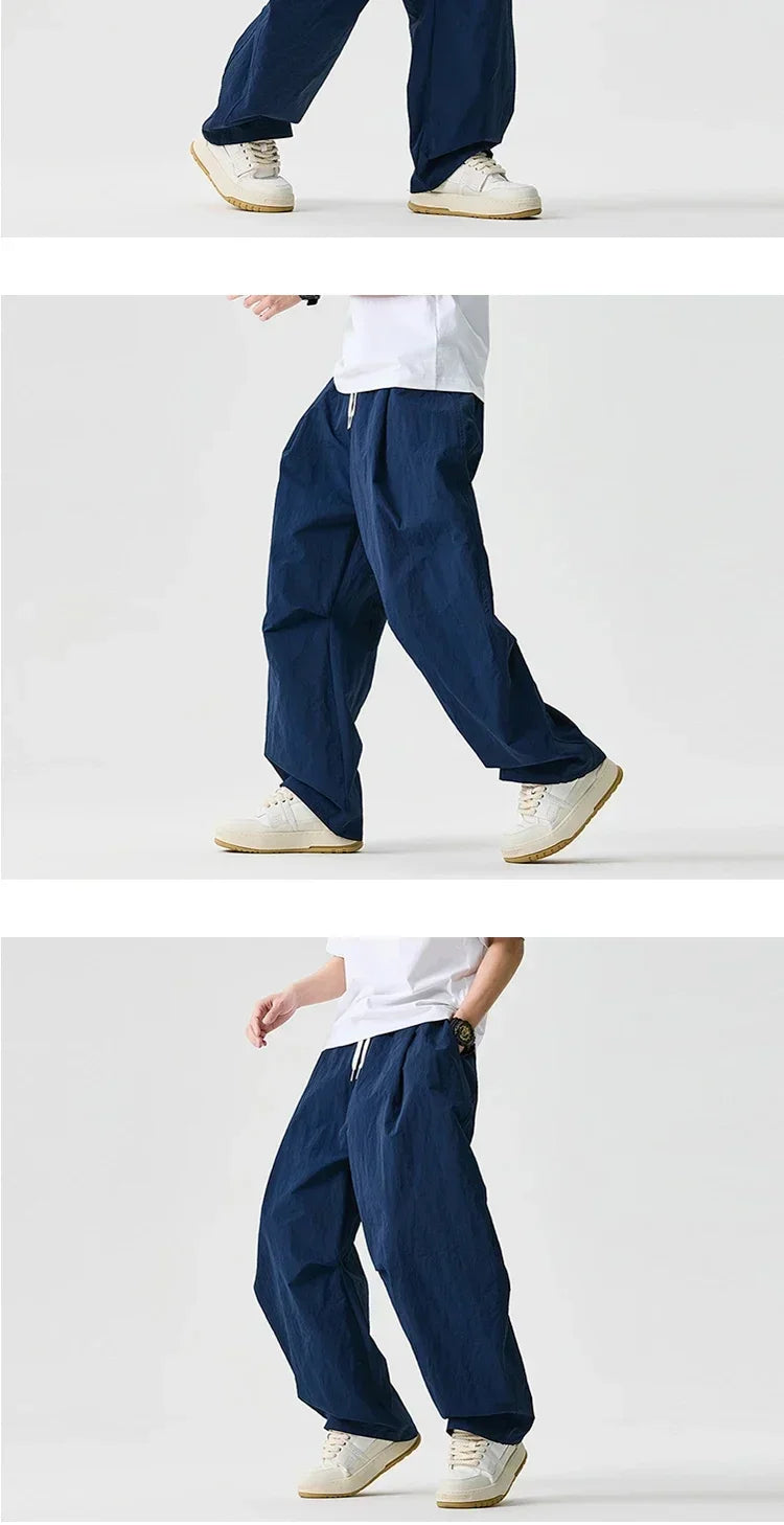 Wide leg Pants Men Harajuku Japanese Style Loose Casual Pants Men Solid Comfortable Elastic Waist Trouser Outdoor Walking Hiking