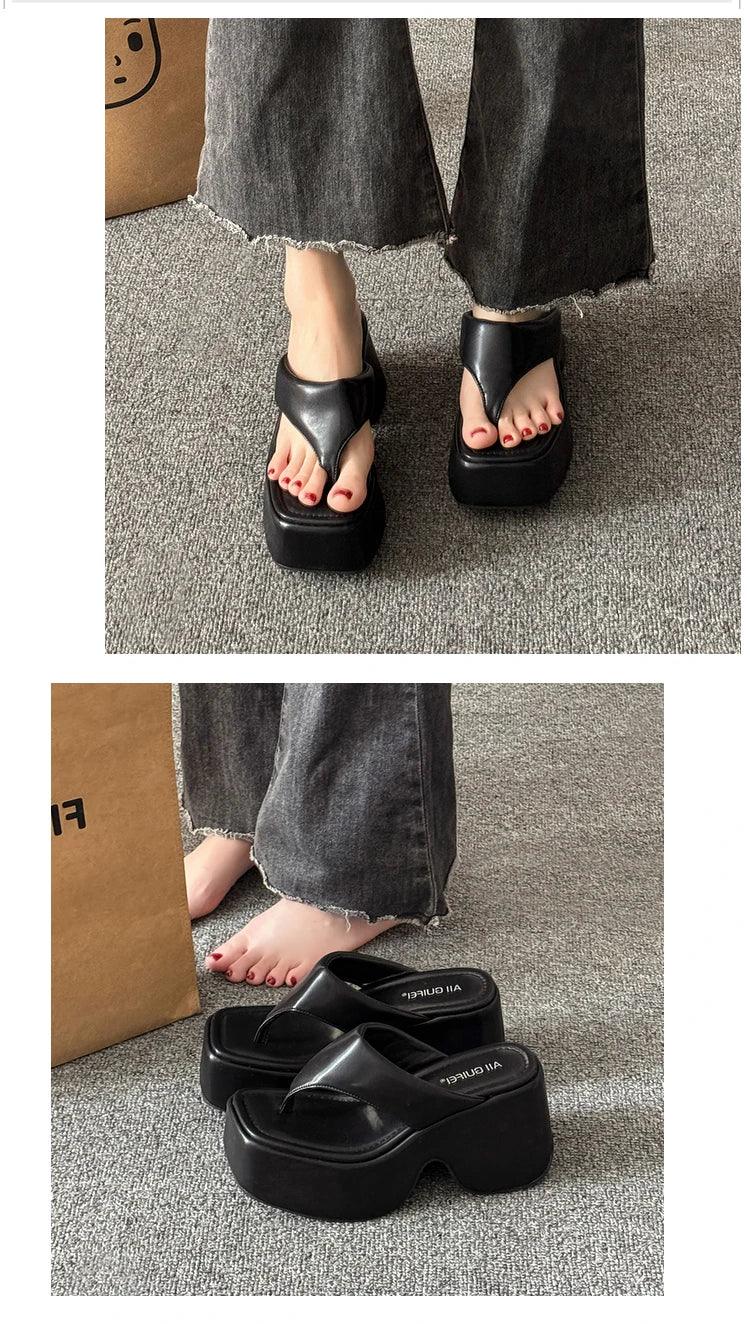 Women's Summer Outdoor Platform Sandals Flip Flops High Heel Thi Bot Clog oes Heightening Slippers Korean Sle PU Mat...