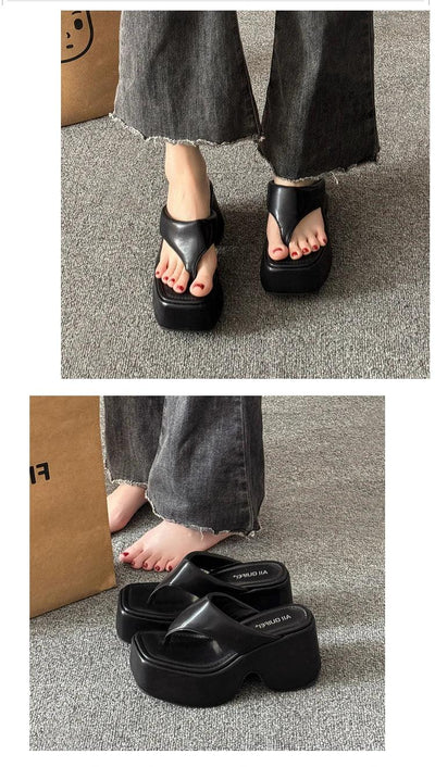 Women's Summer Outdoor Platform Sandals Flip Flops High Heel Thi Bot Clog oes Heightening Slippers Korean Sle PU Mat...