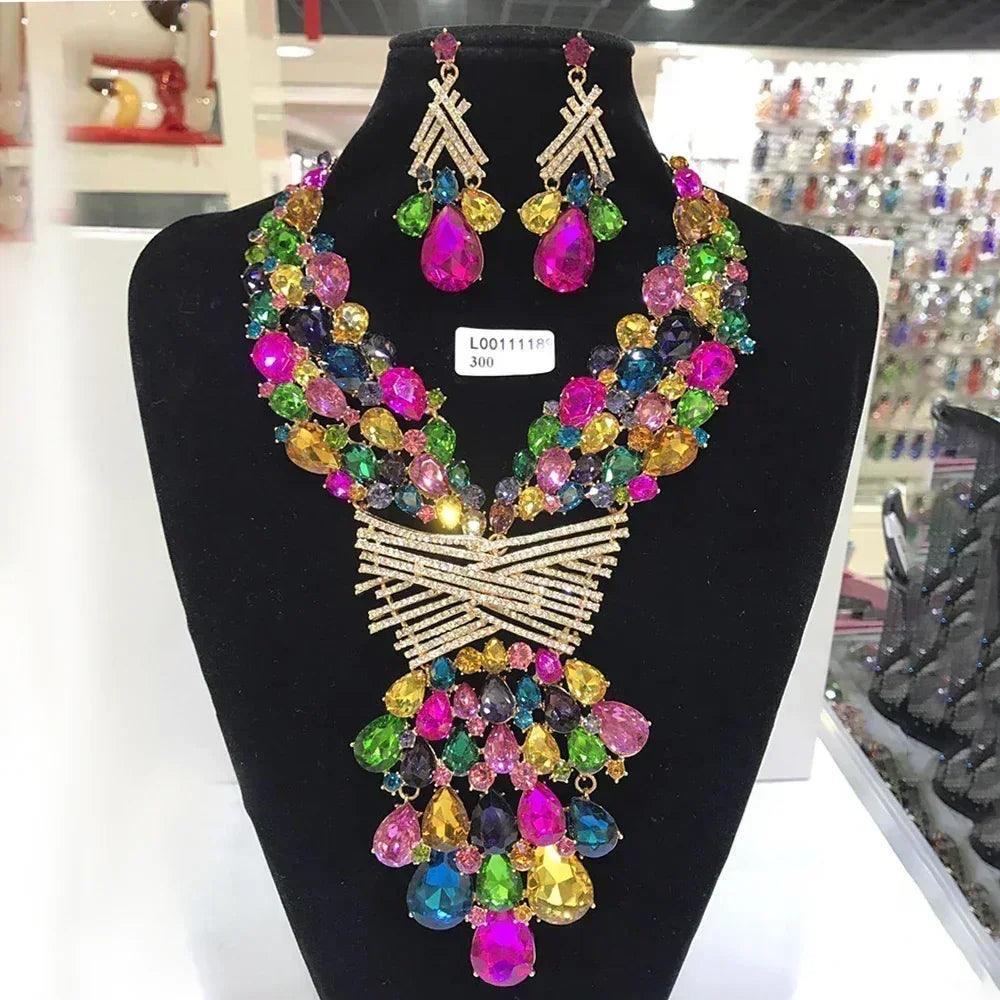 Women luxury necklaces set wedding delicate fashion jewelery crystal rhinestone earrings jewelry sets