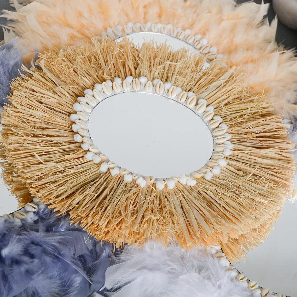 Home decor hanging mirror raffia wood beads acrylic multifunct decorative decorations bedroom wall room