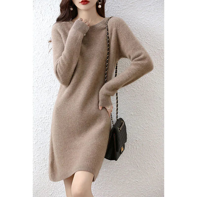 Knit Dresses for Women's Fashion Sweater 100% Merino Wool Winter Ladies O-Neck Warm Knitted Dress Fall Female Casual Black Skirt
