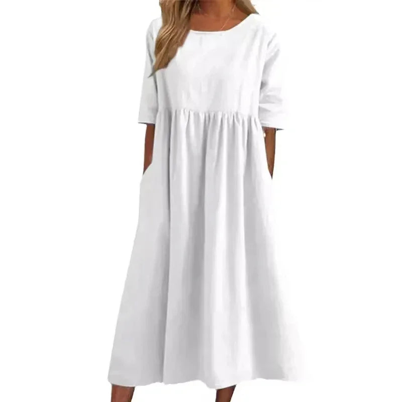 2025 Summer Cotton and Linen Dress Casual Short Sleeve Loose O-Neck Women's Dress with Pockets Simple Solid Midi Dresses 6661#