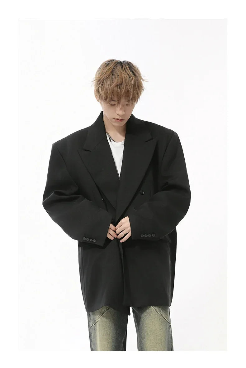 IEFB Korean Style Men's Blazers Double Breasted Shoulder Padded Tops Turn-down Collar Solid Color Loose Male Suit Jackets 9C8669