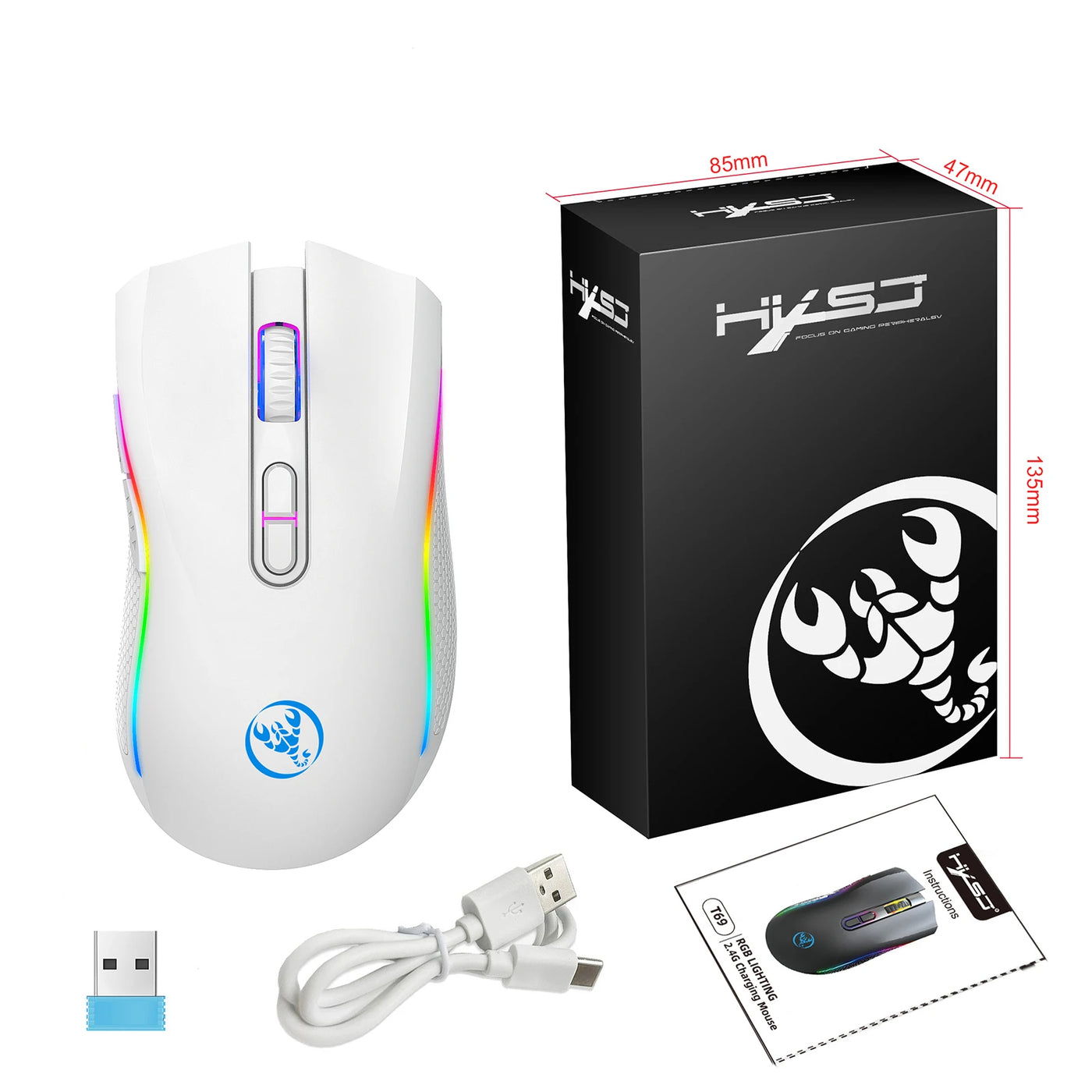 HXSJ T69 2.4G Wireless Mechanical Mouse RGB Gaming Mouse Ergonomic 7 Programmable Buttons 4800DPI Mouse for Office Gamer