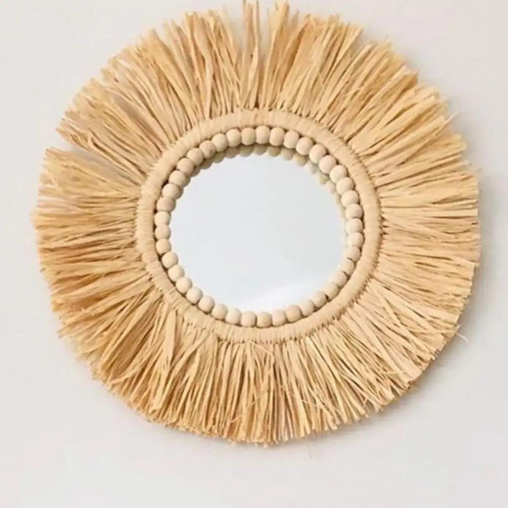 Home decor hanging mirror raffia wood beads acrylic multifunct decorative decorations bedroom wall room