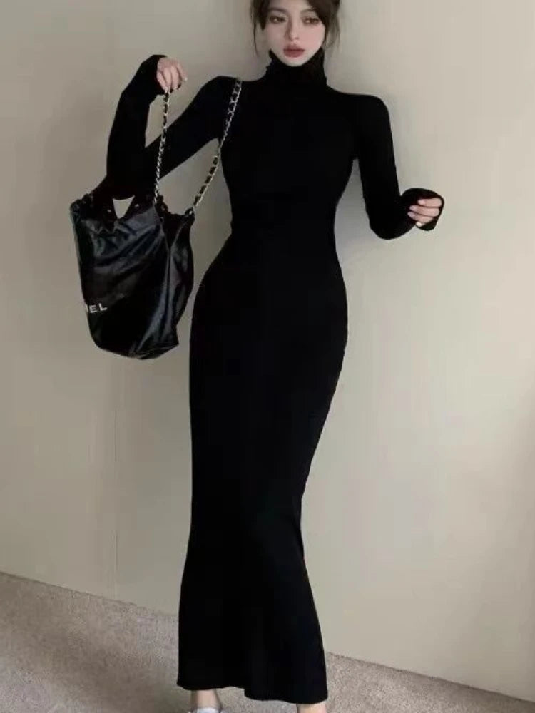 Turtleneck Black Dresses Women Solid Skinny Ladies Clothing Autumn Ankle-length Bodycon Long Sleeve Sexy Warm Fashion Trumpet