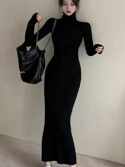 Turtleneck Black Dresses Women Solid Skinny Ladies Clothing Autumn Ankle-length Bodycon Long Sleeve Sexy Warm Fashion Trumpet